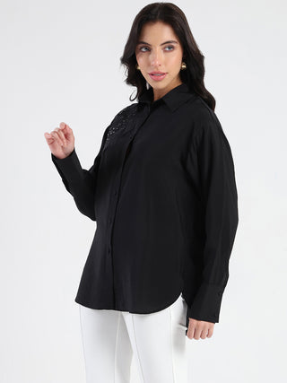 Madame Crushed Tissue Embroidered Black Shirt