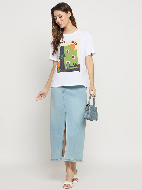 Madame White Graphic Print Cotton Round Neck T-Shirt