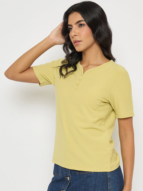 Madame Henley Neck Solid Mustard Yellow T-Shirt