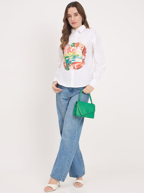Madame White Graphic Print Cotton Full Sleeve Shirt