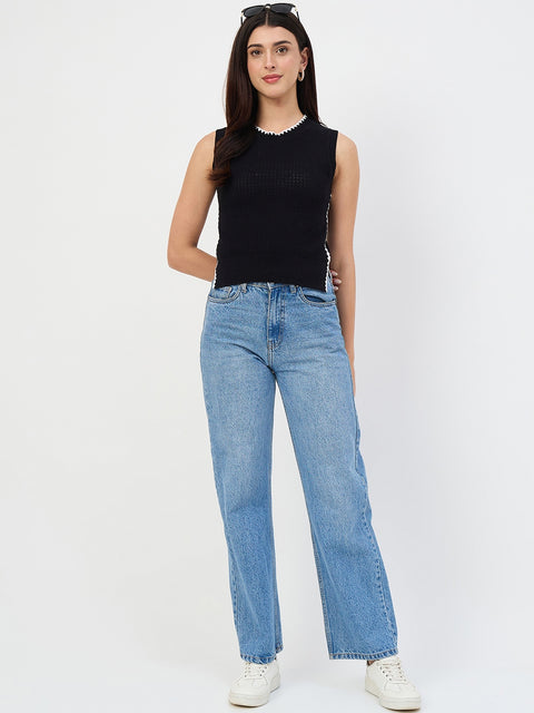 Madame Black Contrast Trim Cotton Blend Knit Top