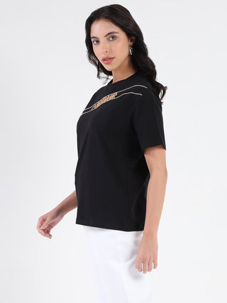 Madame Embellished Cutwork Detail Black Cotton T-shirt