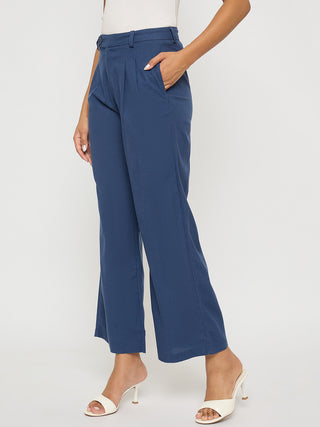 Madame Solid Navy Blue Rayon Blend Gurkha Trousers