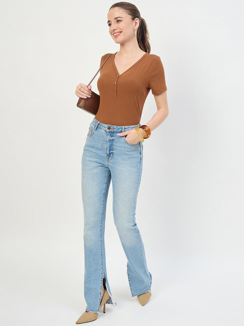Madame Tan V-Neck T-Shirt with Button Placket