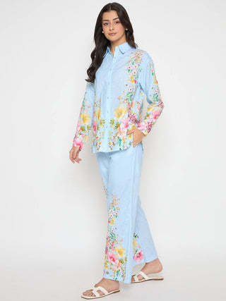 Madame Printed Shirt and Trousers Blue Cotton Co-ord Set