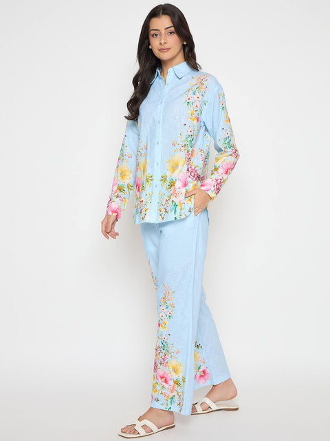 Madame Printed Shirt and Trousers Blue Cotton Co-ord Set