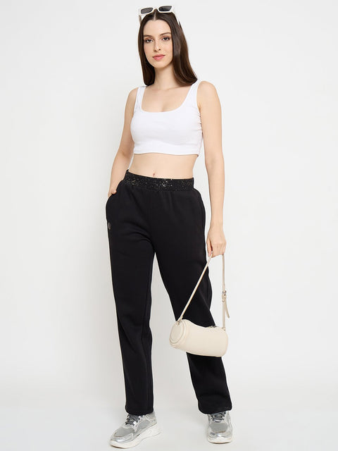 Madame Abstract Print Black Tapered Track Bottoms