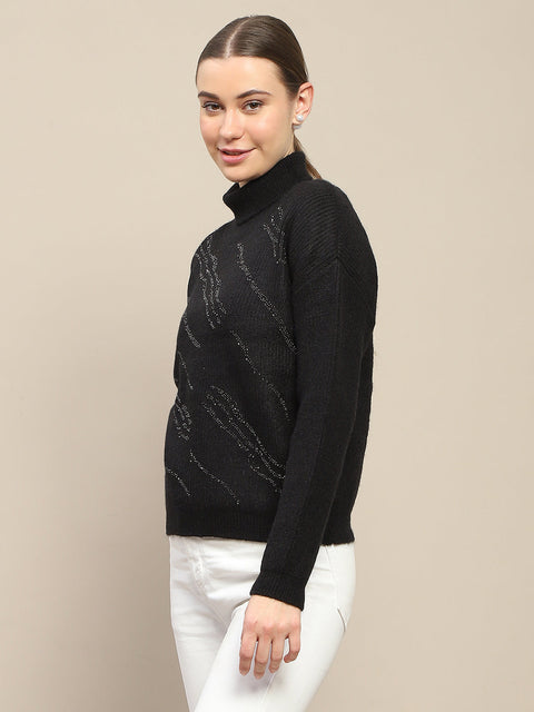 Madame Self Design Black Turtleneck Sweater