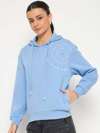 Madame Placement Printed Pearl Detailed Powder Blue Sweatshirt