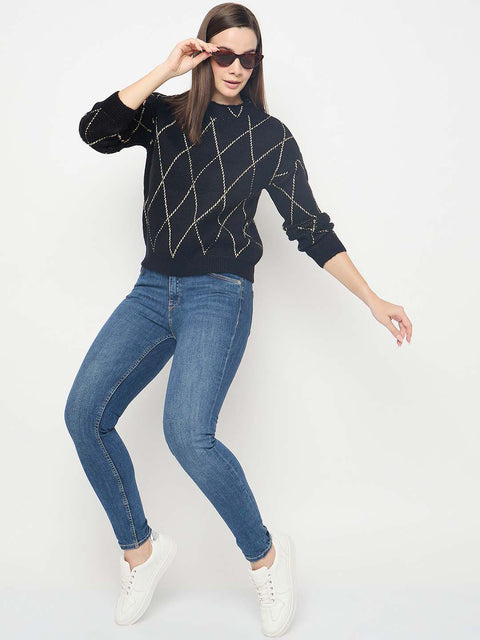 Madame Geometric Print Acrylic Blend Black Sweater
