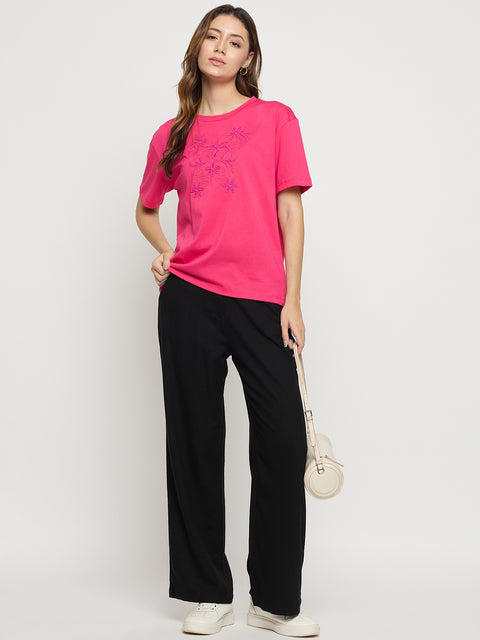 Madame Hot Pink Embroidered Cotton Round Neck T-Shirt