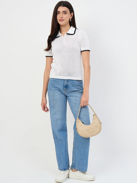 Madame White Contrast Trim Polo Knit T-Shirt
