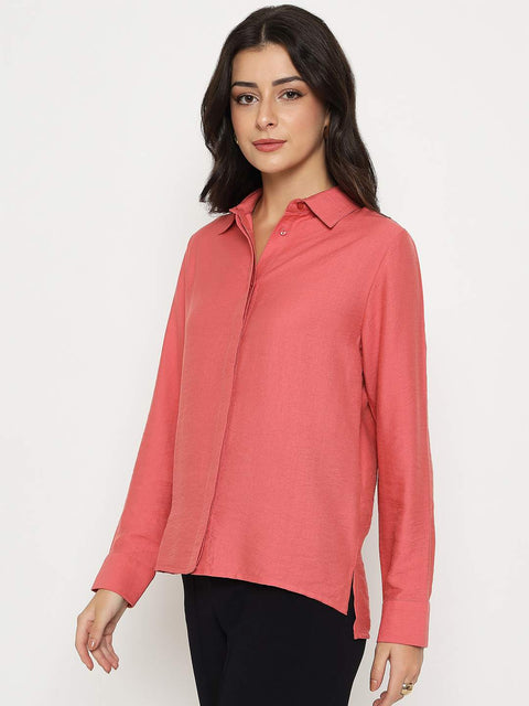 Madame Textured Solid Brick Red Rayon Blend Shirt