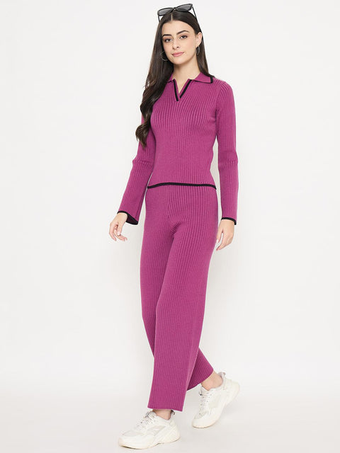 Madame Contrast Trim Top and Solid Bottoms Purple Knitted Co-ord Set