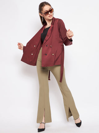 Madame Buckle Belted Solid Wine Red Wrap Blazer