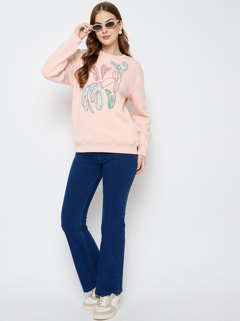 Madame Embellished Print Cotton Blend Peach Sweatshirt