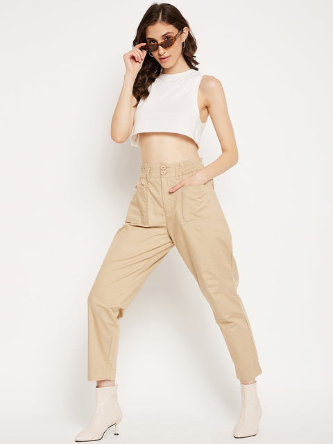 Madame Beige Ankle Length Cotton Trousers