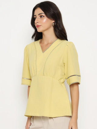 Madame V Neck Yellow Peplum Top