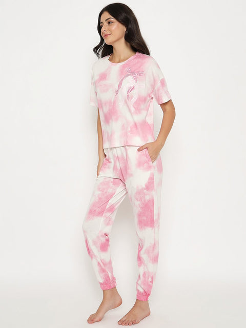 mSECRET Tie and Dye Top and Bottom Printed Pink Night Suit