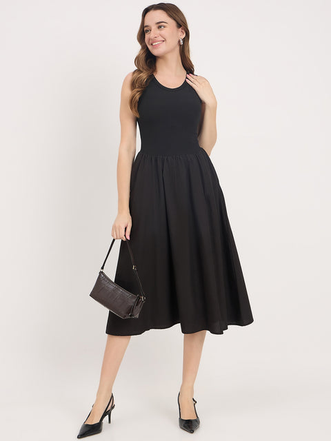 Madame Black Cotton Sleeveless Fit and Flare Maxi Dress