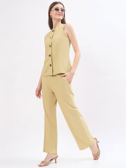 Madame Beige Rayon Blend Striped Formal Co-ord Set