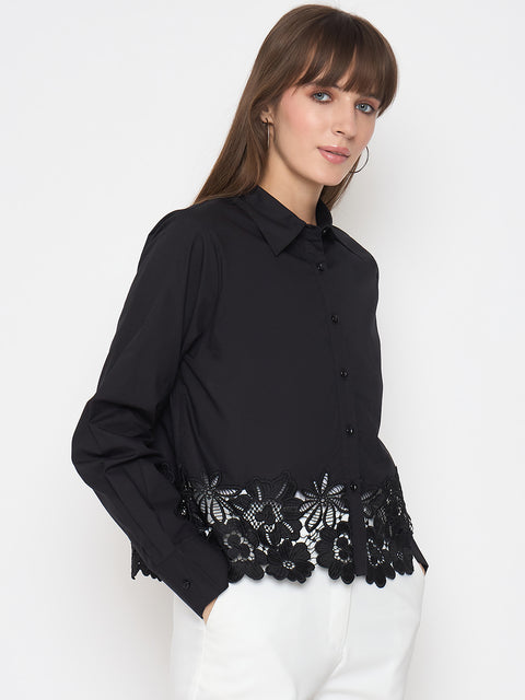 Madame Floral Lace Scalloped Hem Black Shirt