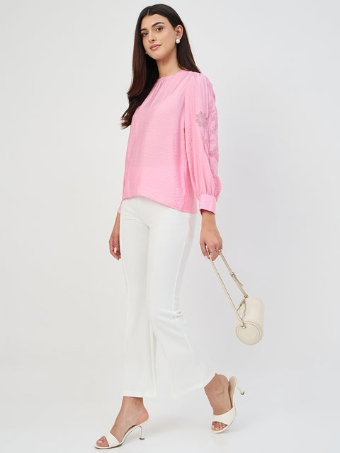 Madame Pink Embroidered Bishop-Sleeve Viscose Top
