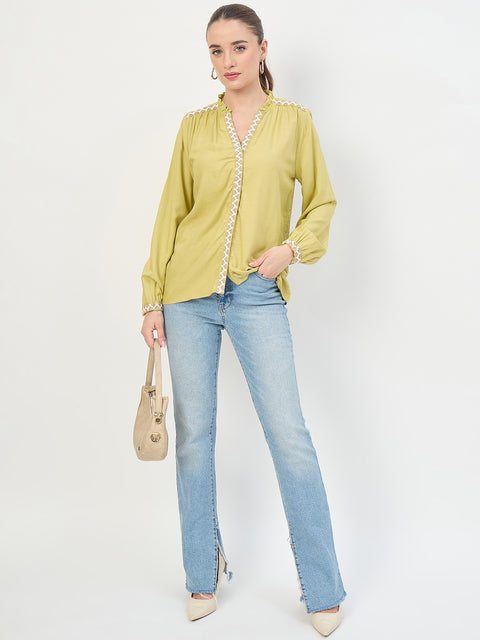 Madame Lime Viscose Embroidery Trim Sleeveless Top