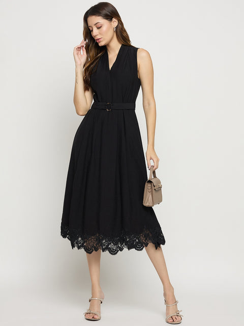 Madame Black Viscose Mandarin Collar Sleeveless Midi Dress