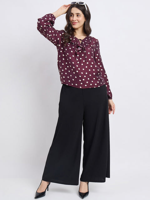 Madame Wine Polka Dot Print Ruffle Collar Top