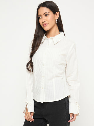 Madame Tie-Cuff Detail Striped White Cotton Shirt