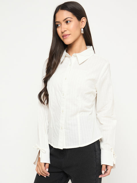 Madame Tie-Cuff Detail Striped White Cotton Shirt