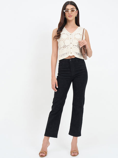 Madame Off White Cotton Embroidered Vest Top