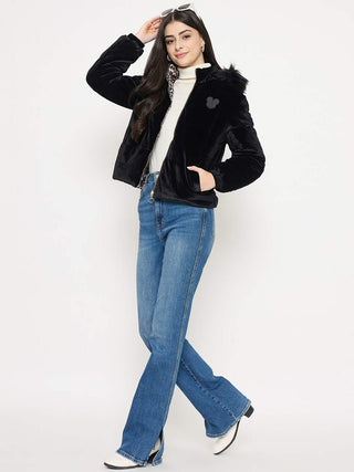 Madame Disney Printed Hooded Zip Up Black Jacket