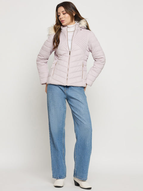 Madame Mauve Quilted Fur Collar Full Sleeve Short Jacket
