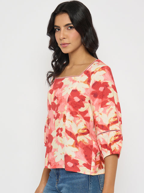 Madame Floral Print Square Neck Coral Top