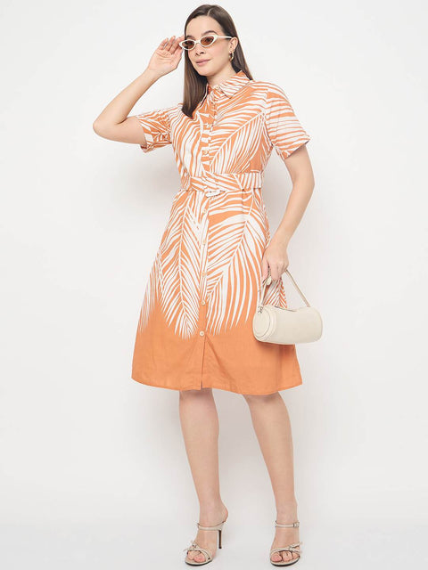 Madame Botanical Print Cotton Blend Orange Shirt Dress