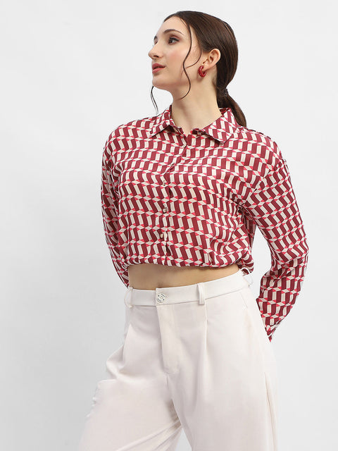 Madame Geometric Print Maroon Crop Shirt