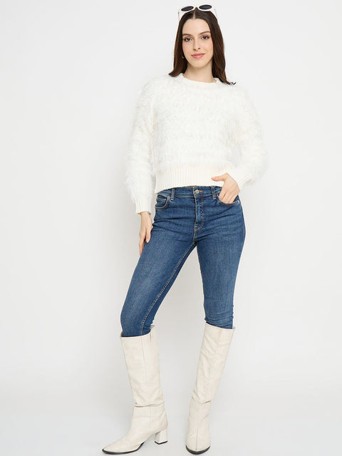 Madame Faux Fur Textured Pullover Off White Sweater