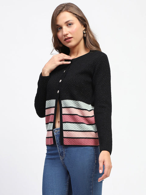 Madame Black Striped Buttoned Cardigan