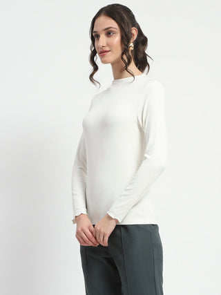 Madame High Neck Full Sleeve Solid White Top