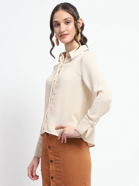 Madame Embellished Button Down Solid Beige Shirt Collar Shirt
