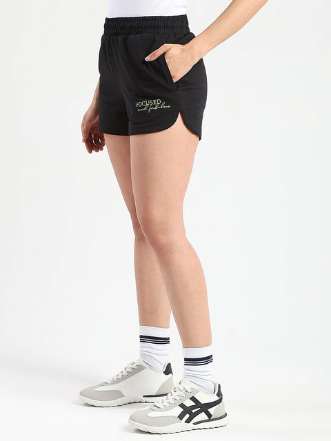 mSECRET Typography Print Black Cotton Blend Shorts