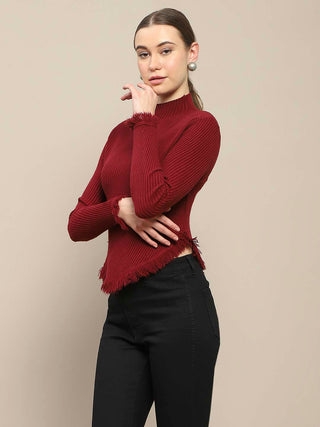 Madame Fur Cuffs and Hem Wine Red Sweater