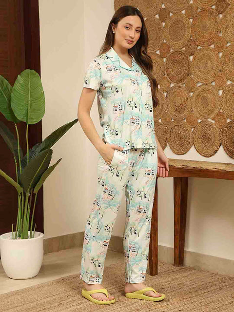 mSECRET All Over Print Top and Bottom Mint Green Night Suit