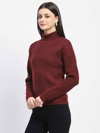 Madame Self Design Wine Red Turtleneck Sweater