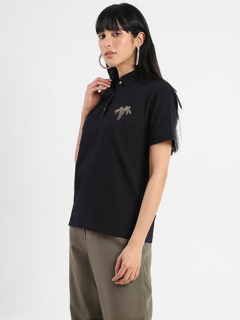 Madame Embellished Cotton Blend Black Polo T-shirt