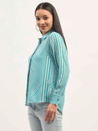 Madame Geometric Striped Aqua Shirt