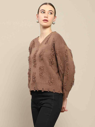 Madame Ripped Knitted V Neck Brown Sweater