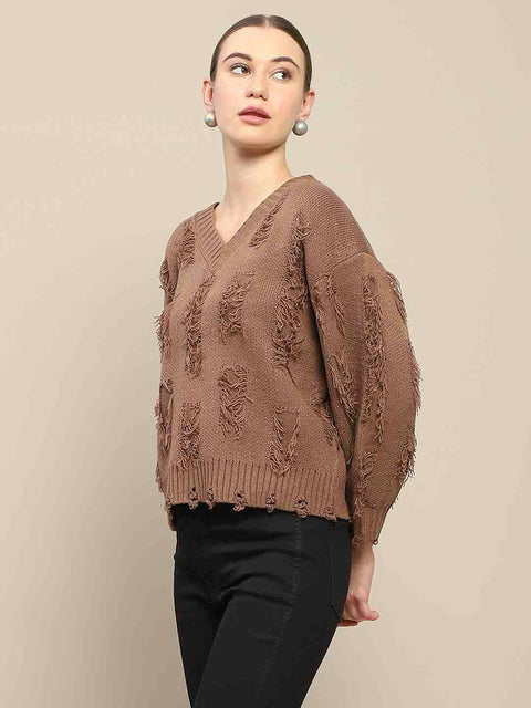 Madame Ripped Knitted V Neck Brown Sweater